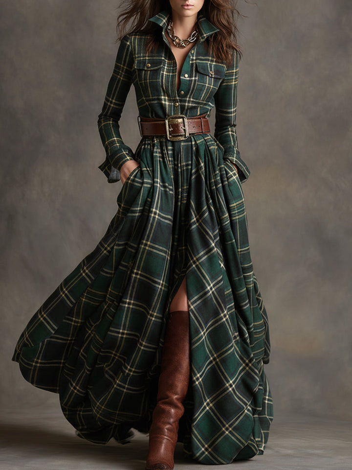 Scarlett | Vestido Camisero Largo a Cuadros con Mangas Largas y Cinturón