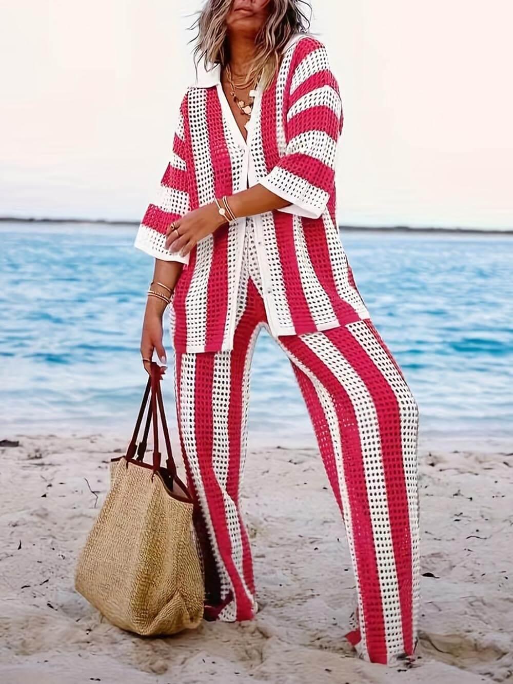 Conjunto de Camisa a Rayas Sienna y Pantalones de Pierna Ancha