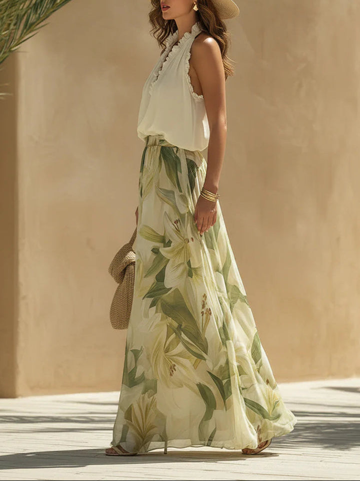 Conjunto de Top de Chifón con Volantes y Pantalones con Estampado de Lirios