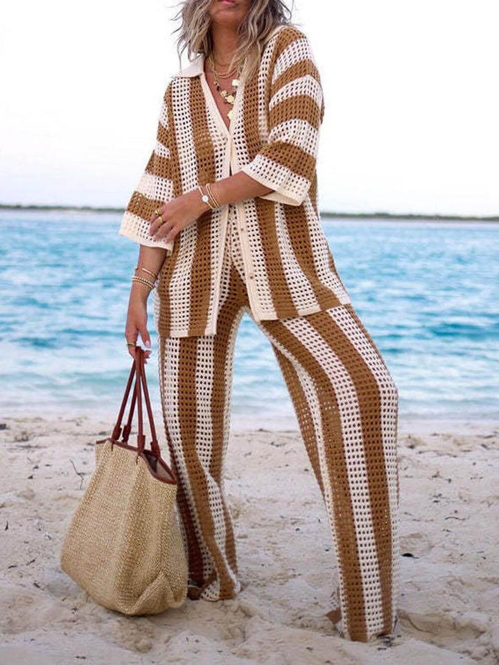 Conjunto de Camisa a Rayas Sienna y Pantalones de Pierna Ancha