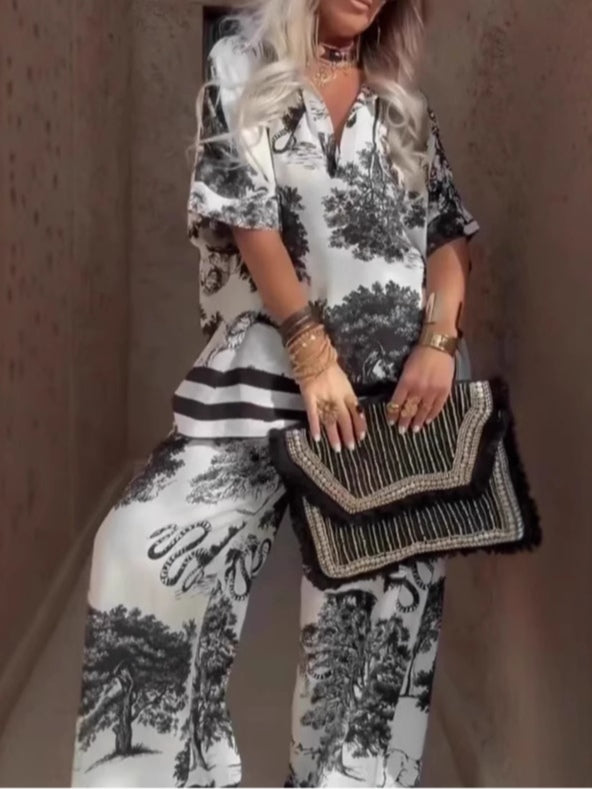 Conjunto de Top en V de Samantha y Pantalones de Pierna Ancha