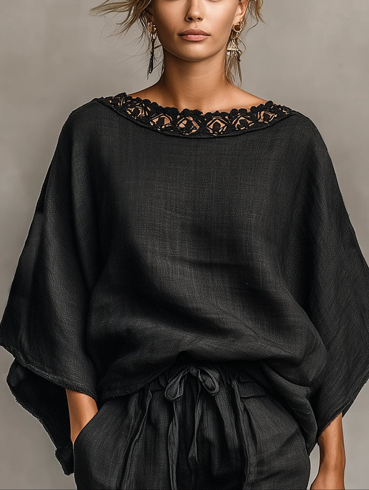Conjunto de Blusa de Encaje Lila con Cuello Barco y Pantalones Cortos