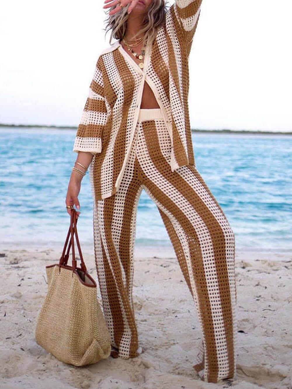 Conjunto de Camisa Rayas Sienna y Pantalones de Pierna Ancha