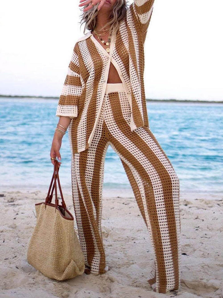 Conjunto de Camisa Rayas Sienna y Pantalones de Pierna Ancha