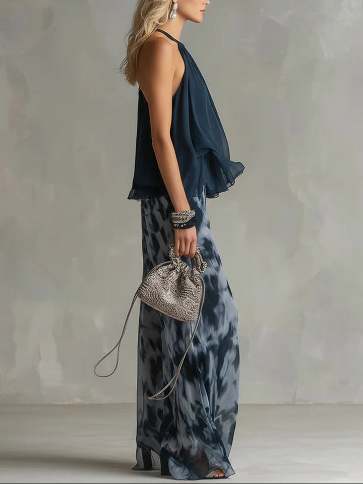 Conjunto de Top Halter y Pantalones Anchos con Estampado