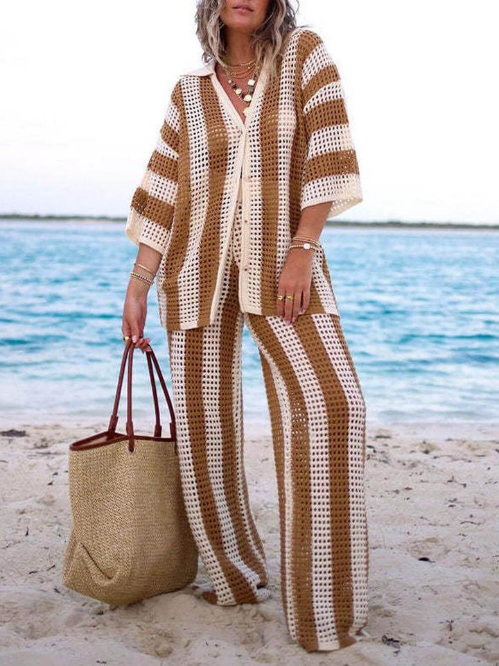 Conjunto de Camisa Rayas Sienna y Pantalones de Pierna Ancha