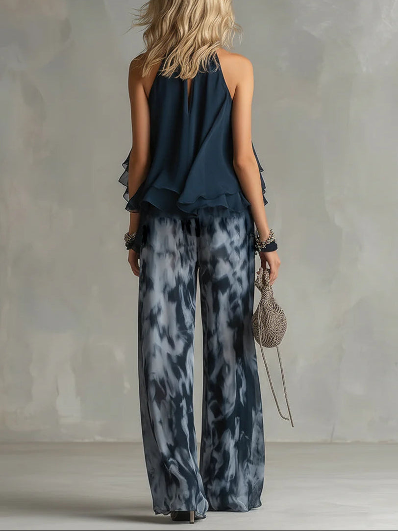 Conjunto de Top con Cuello Halter y Pantalones de Pierna Ancha Impresos