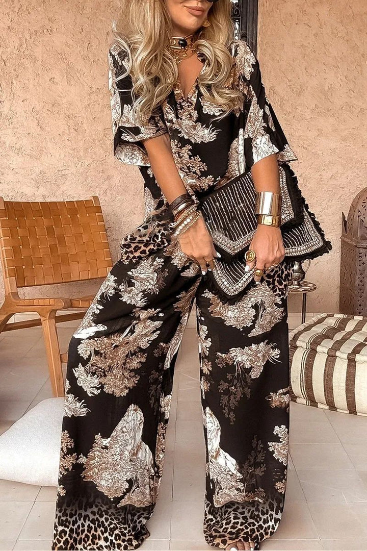 Conjunto de Top con Escote en V y Pantalones de Pierna Ancha