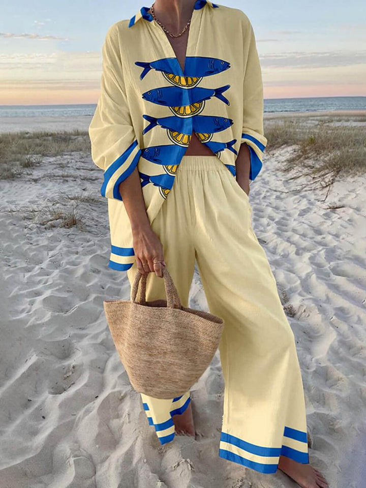 Conjunto de Camisa con Estampado Oceánico y Pantalones con Bolsillos