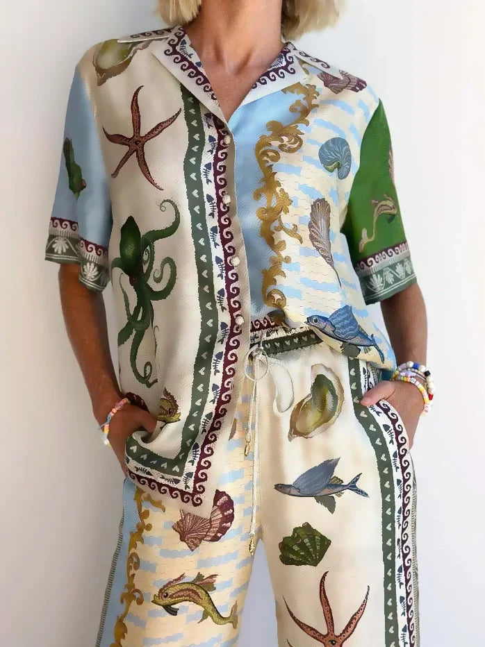 Conjunto de Impresión Floral en Tonos Marinos