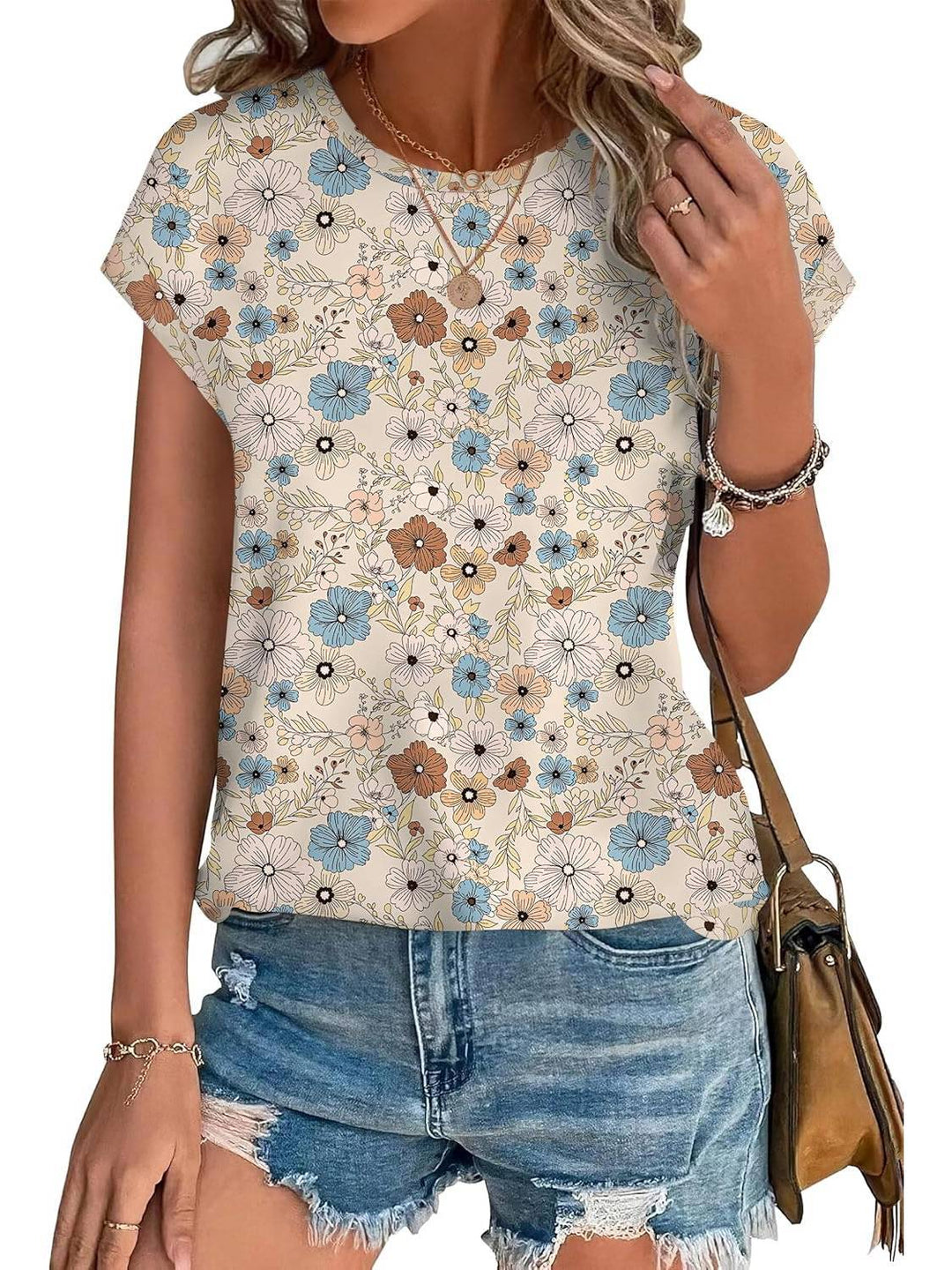 Meadow | Blusa Casual de Cuello Redondo y Mangas Cortas con Estampado de Hojas para Mujeres