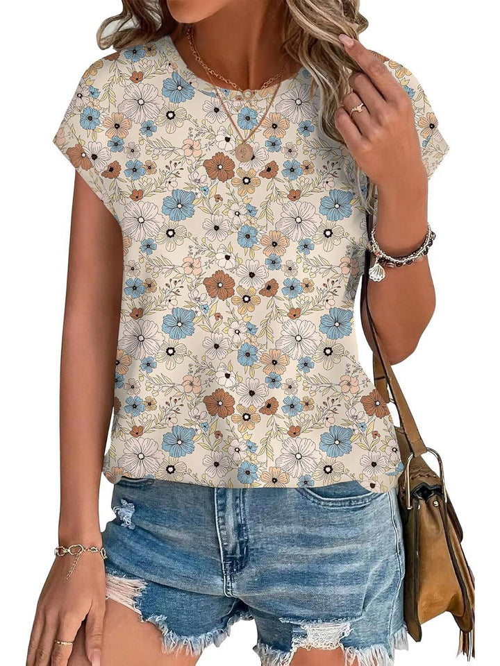 Meadow | Blusa Casual de Cuello Redondo y Mangas Cortas con Estampado de Hojas para Mujeres