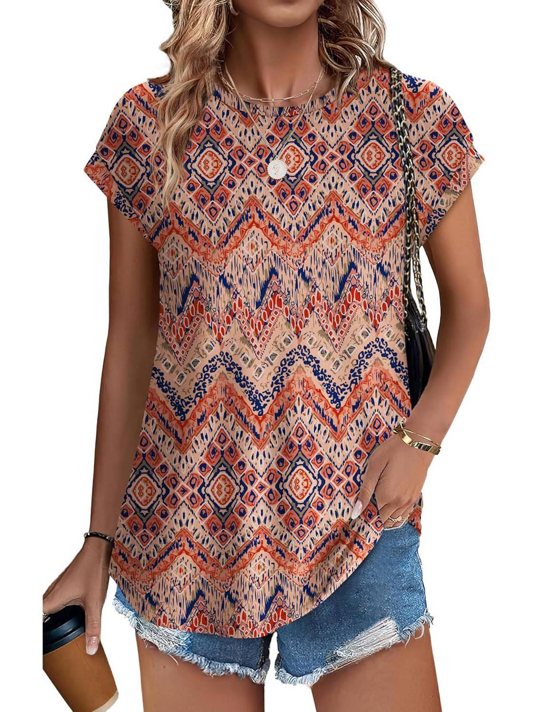 Meadow | Blusa Casual de Cuello Redondo y Mangas Cortas con Estampado de Hojas para Mujeres