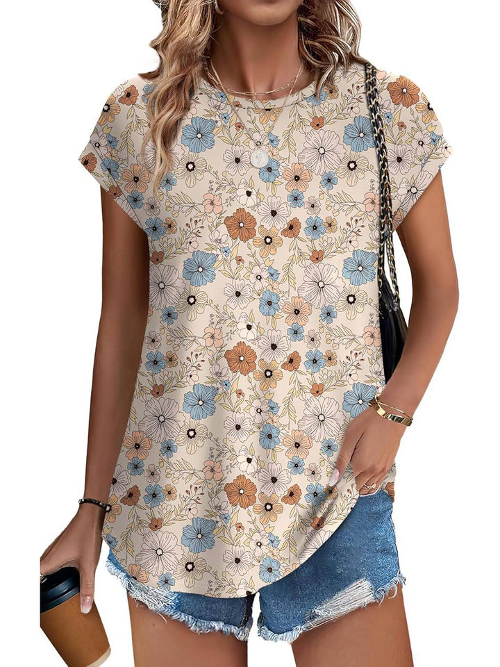 Meadow | Blusa Casual de Cuello Redondo y Mangas Cortas con Estampado de Hojas para Mujeres