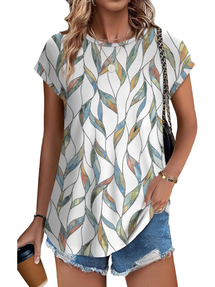 Meadow | Blusa Casual de Cuello Redondo y Mangas Cortas con Estampado de Hojas para Mujeres