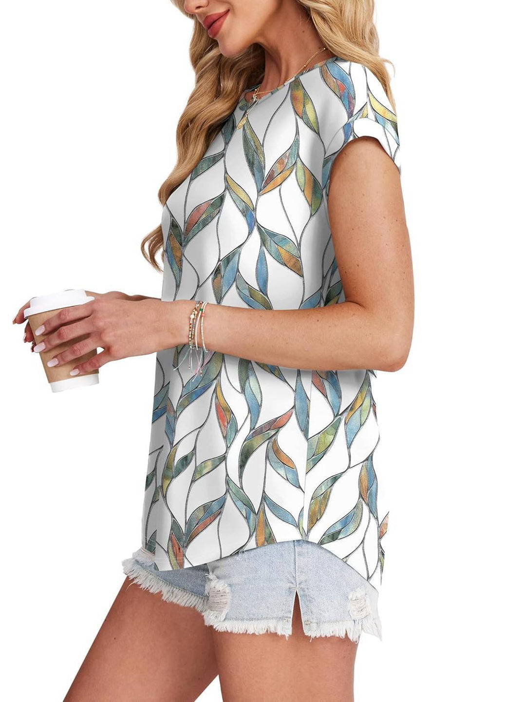 Meadow | Blusa Casual de Cuello Redondo y Mangas Cortas con Estampado de Hojas para Mujeres