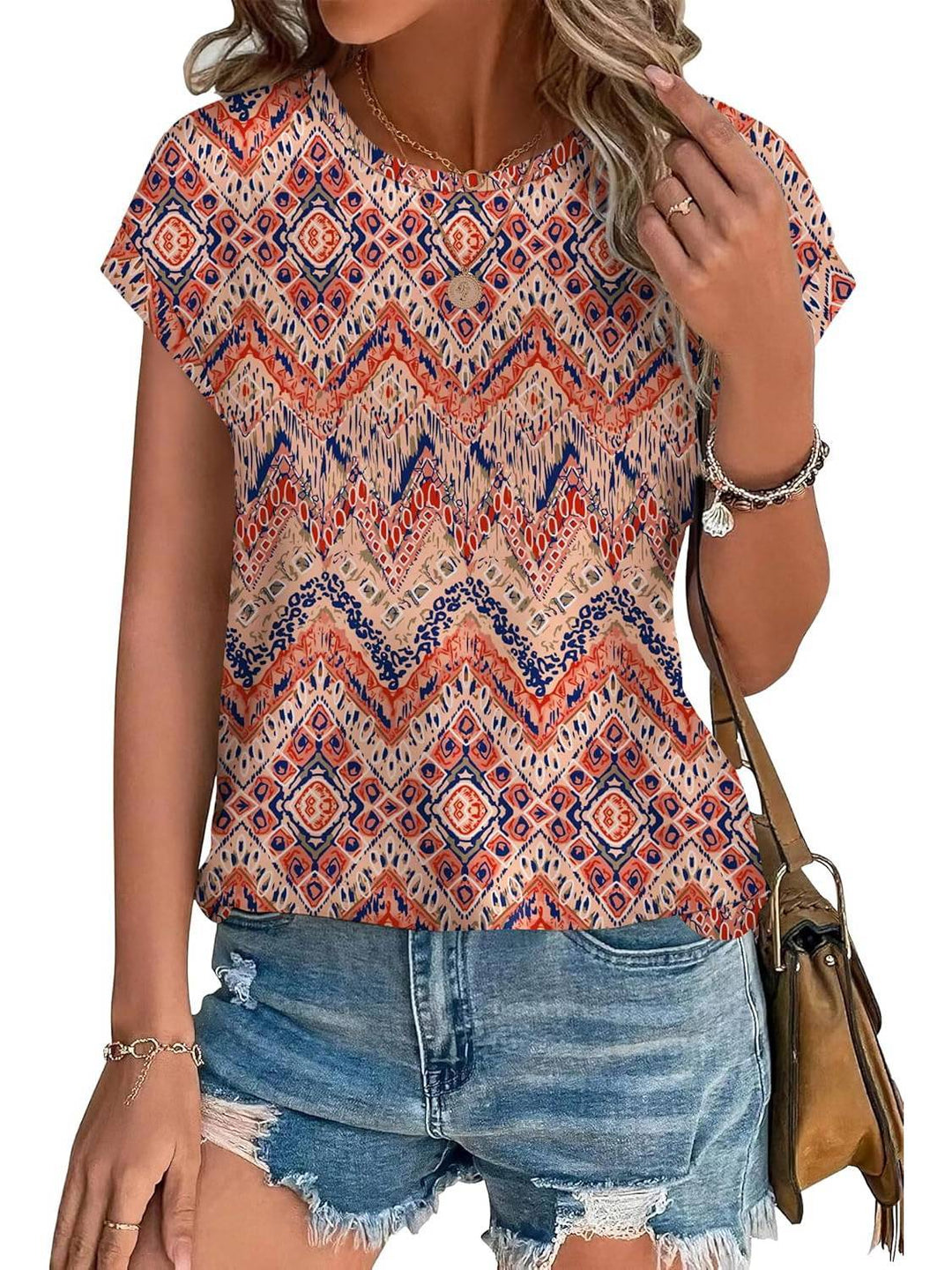 Meadow | Blusa Casual de Cuello Redondo y Mangas Cortas con Estampado de Hojas para Mujeres