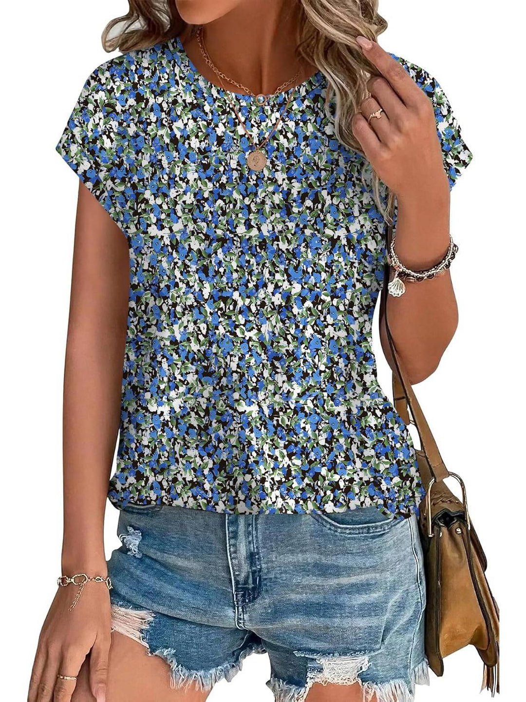 Meadow | Blusa Casual de Cuello Redondo y Mangas Cortas con Estampado de Hojas para Mujeres