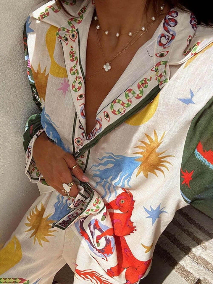 Conjunto de Camisa de Manga Larga con Estampado Único Isabella y Pantalones de Cintura Elástica