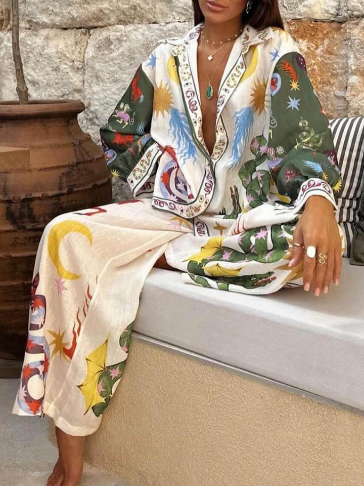 Conjunto de Camisa de Manga Larga con Estampado Único y Pantalones de Cintura Elástica