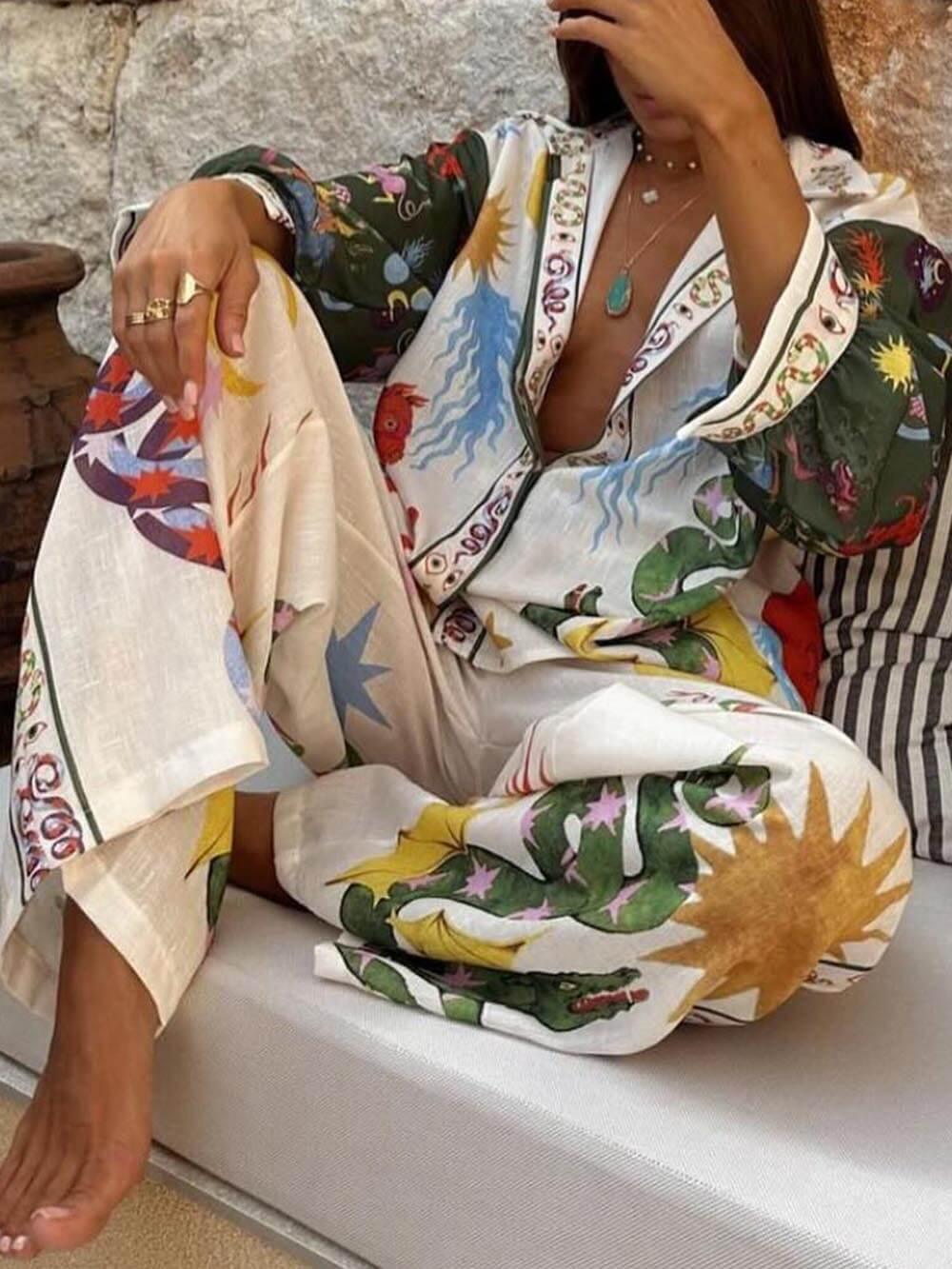 Conjunto de Camisa de Manga Larga con Estampado Único Isabella y Pantalones de Cintura Elástica