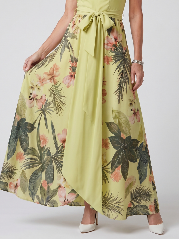 Meadow | Vestido Maxi de Panel Botánico con Cuello Halter Drapado