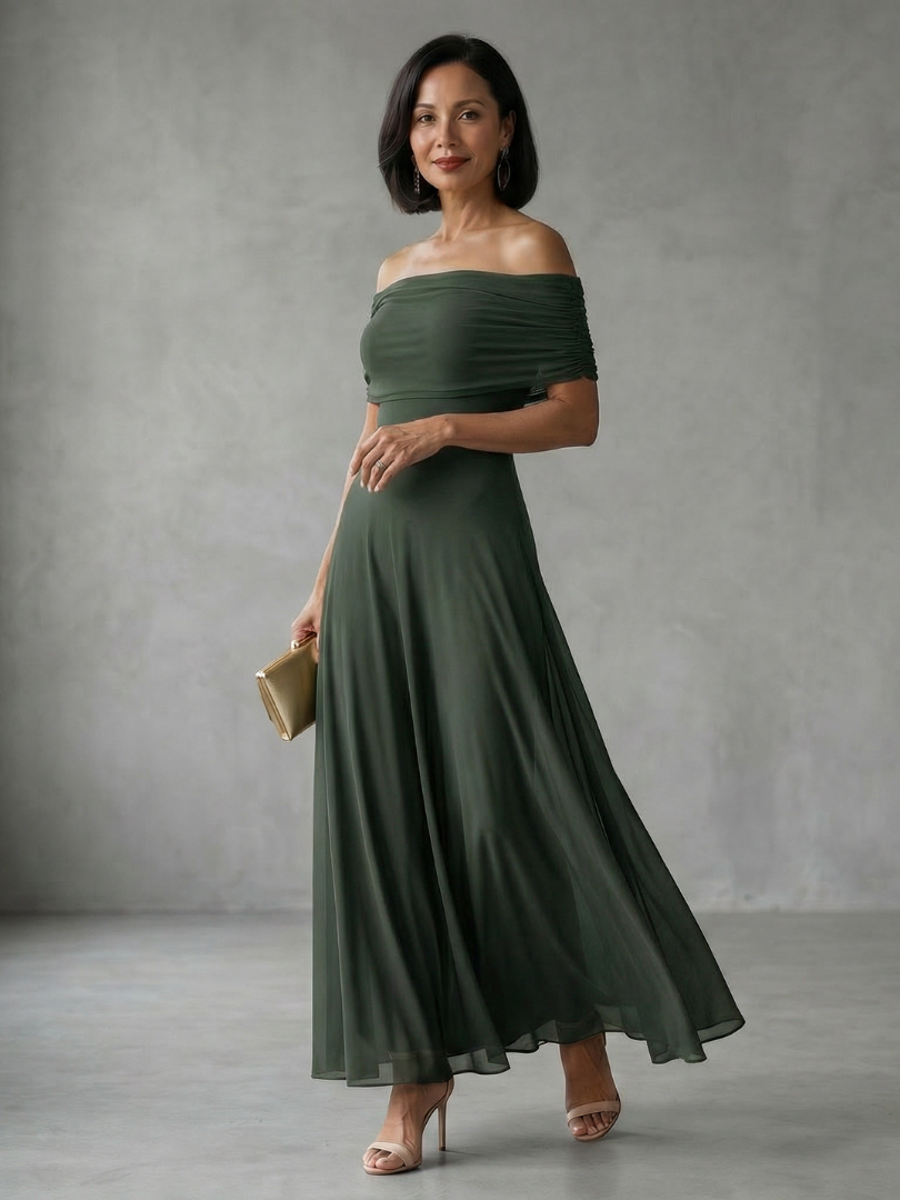 Junio | Vestido Midi Drapado con Hombros al Descubierto