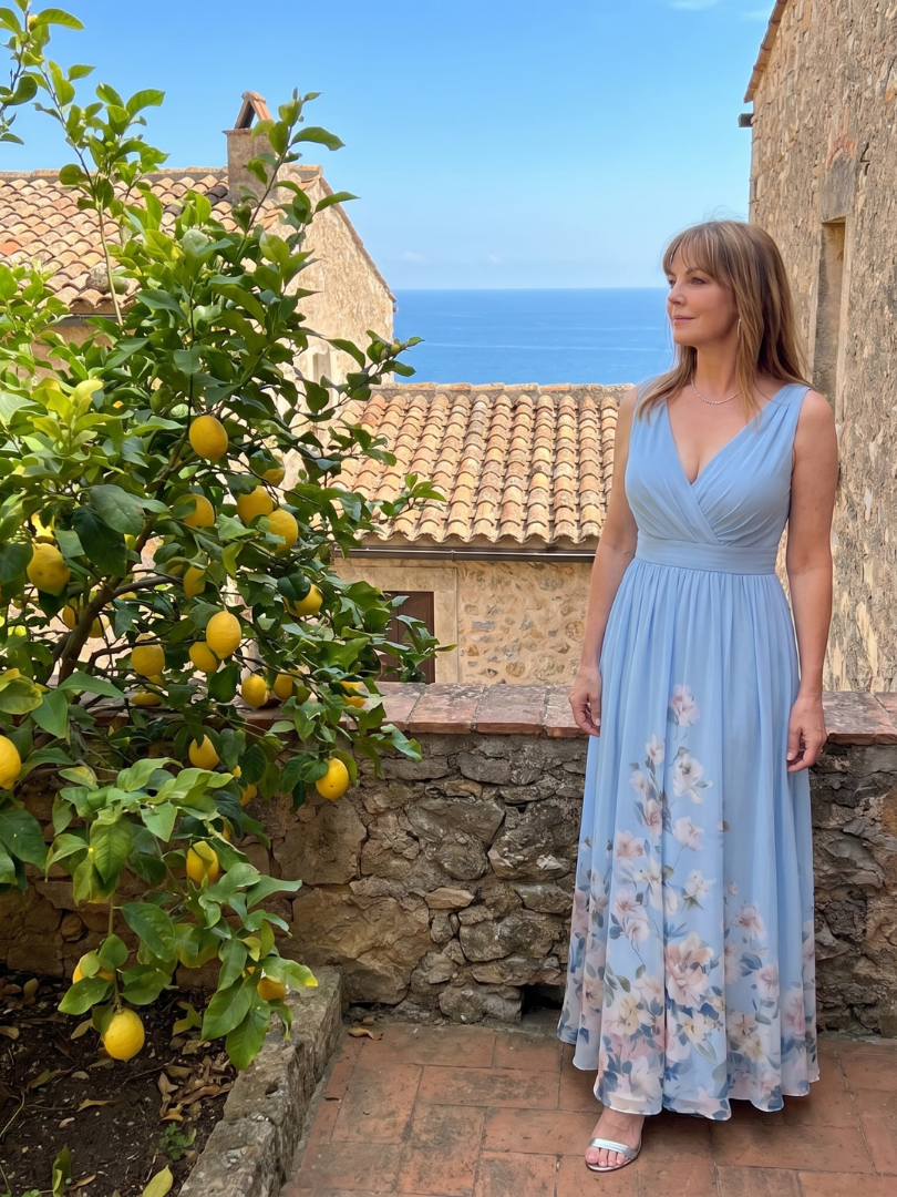 Clarissa | Vestido midi sin mangas con escote en V y dobladillo floral suave