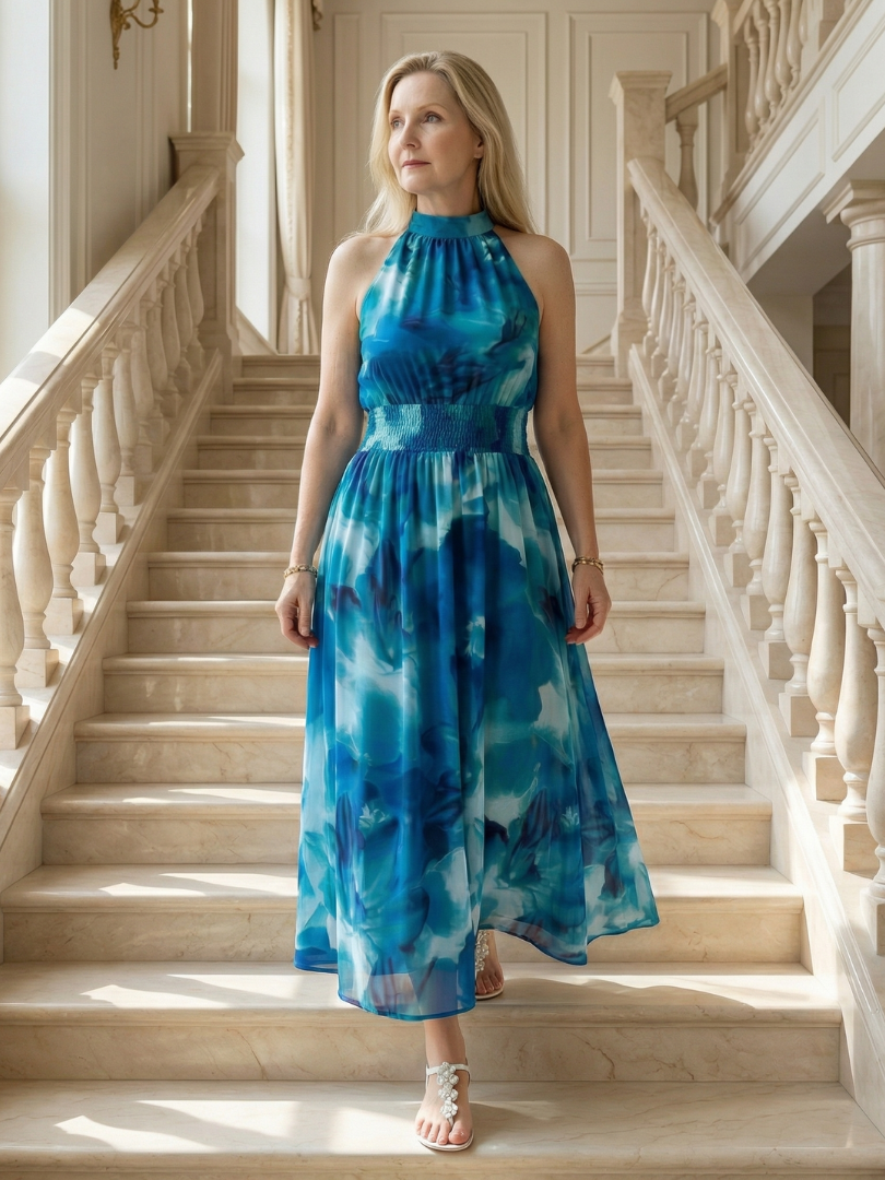 Sylin | Vestido Midi con Cuello Halter Arrugado