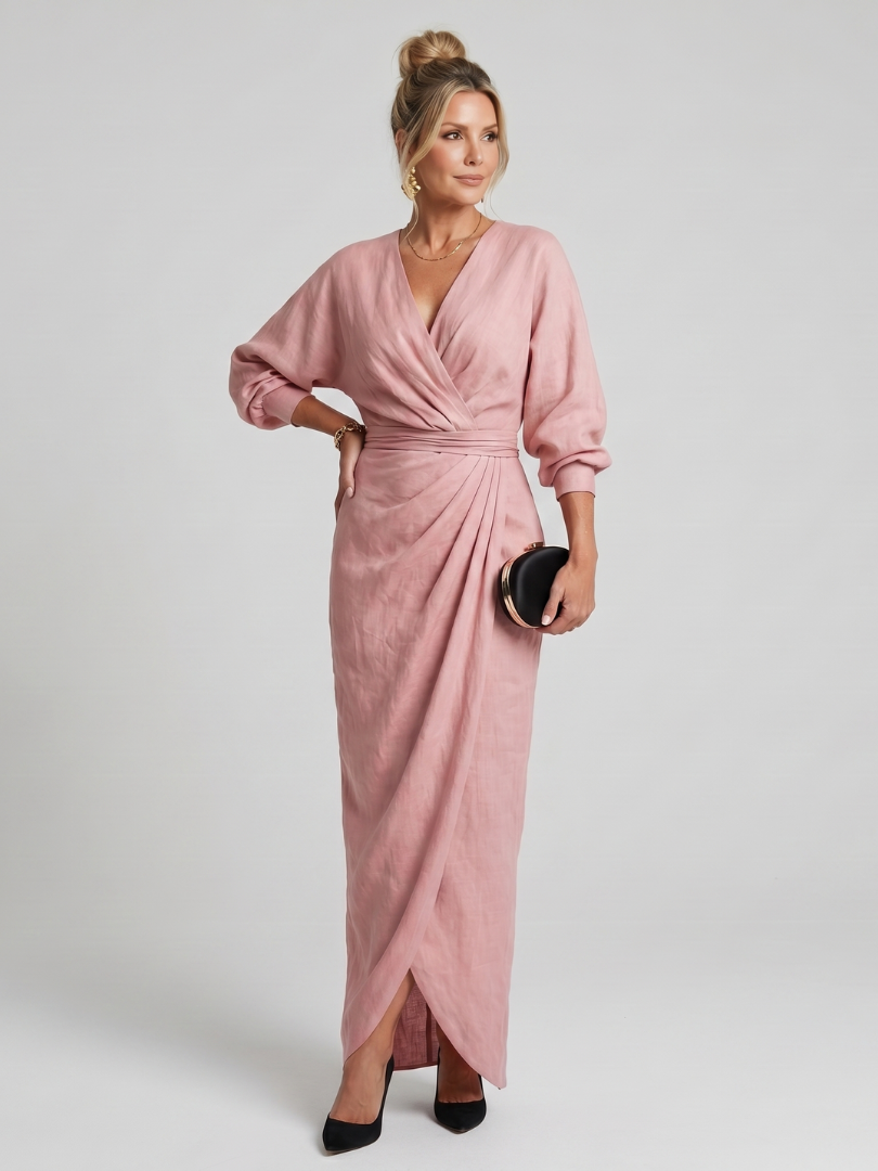 Fábula | Vestido Midi de Manga Larga con Cuerpo Envolvente