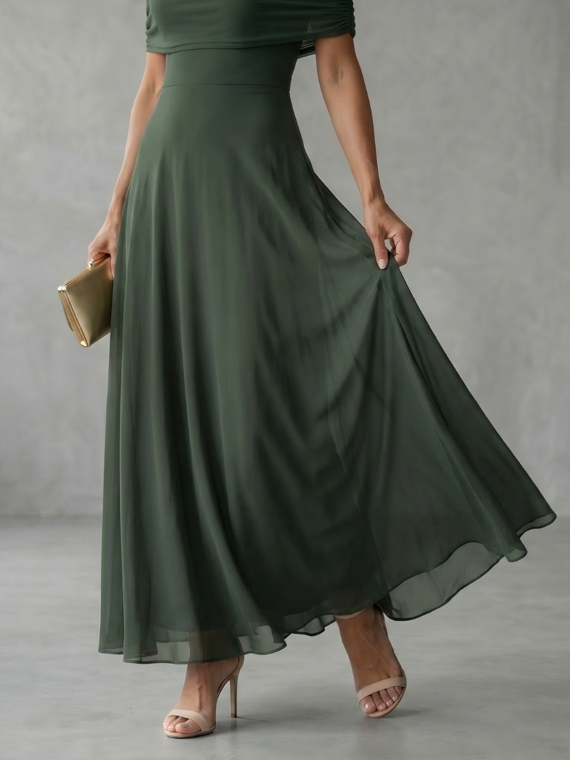 Junio | Vestido Midi Drapado con Hombros al Descubierto