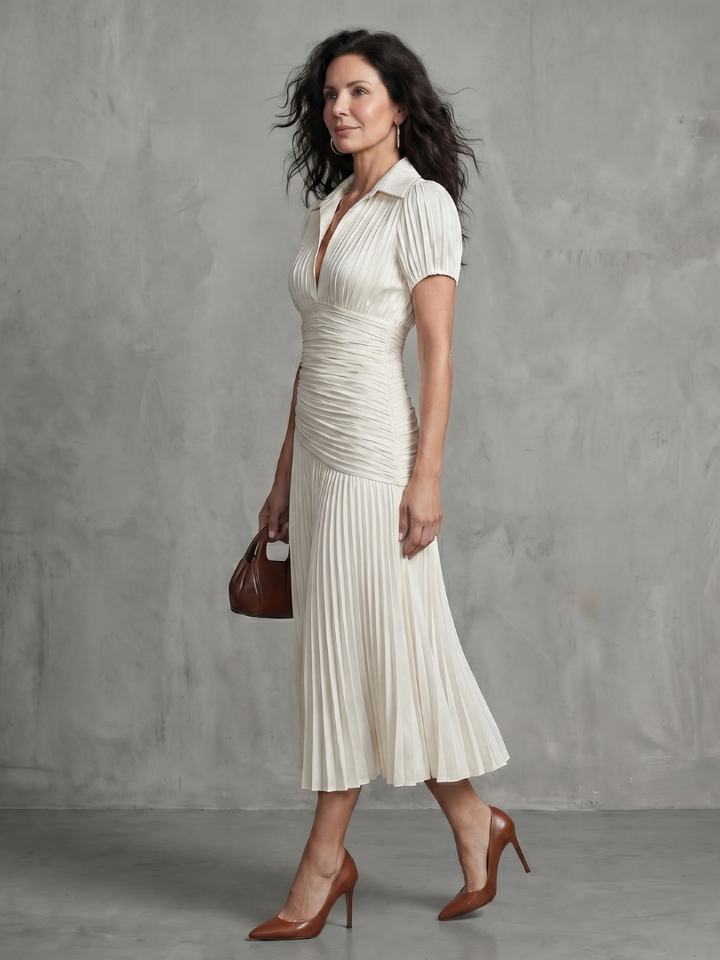 Theodora | Vestido midi con cintura fruncida y rayas