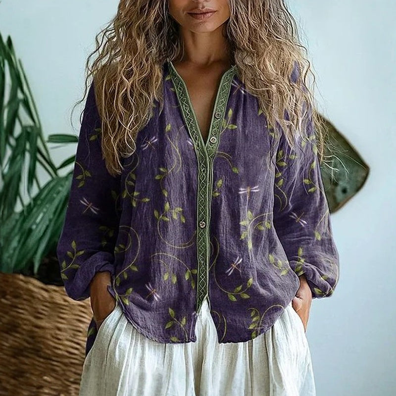 Blusa de Mujer | Estampada con Escote en V y Mangas Largas