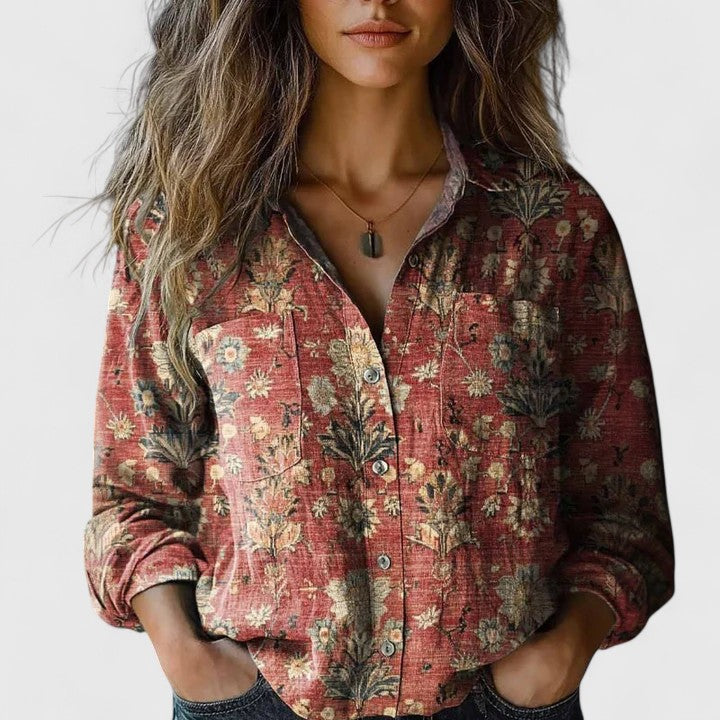 Otoño | Camisa de Botón de Manga Larga con Estampado Floral Vintage para Damas