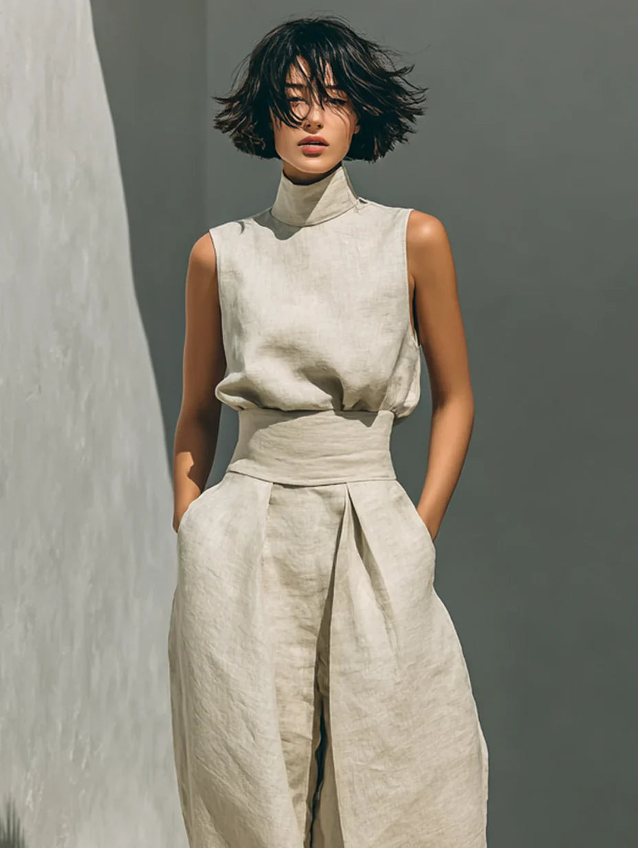 Flor™ | Conjunto minimalista de blusa sin mangas y pantalón de pierna ancha en algodón y lino para mujer