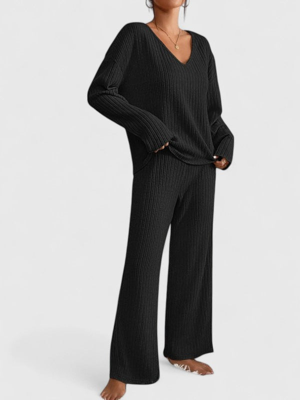 Angeline™ Conjunto Cómodo | Suéter de Cuello en V y Pantalones de Pana Ancha
