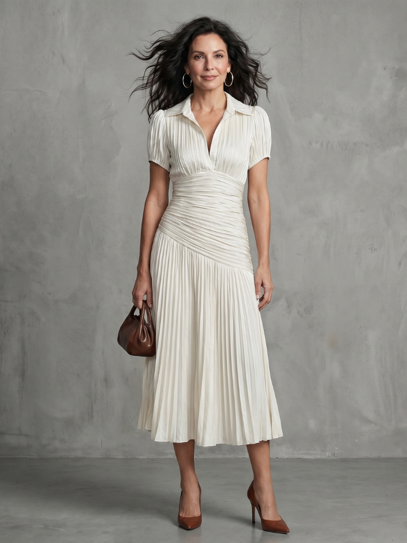 Theodora | Vestido Midi de Rayas con Cintura Plisada