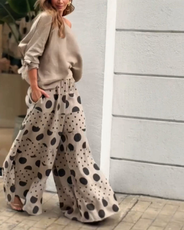 Conjunto Casual de Top con Hombros Descubiertos y Pantalones Estampados Samantha