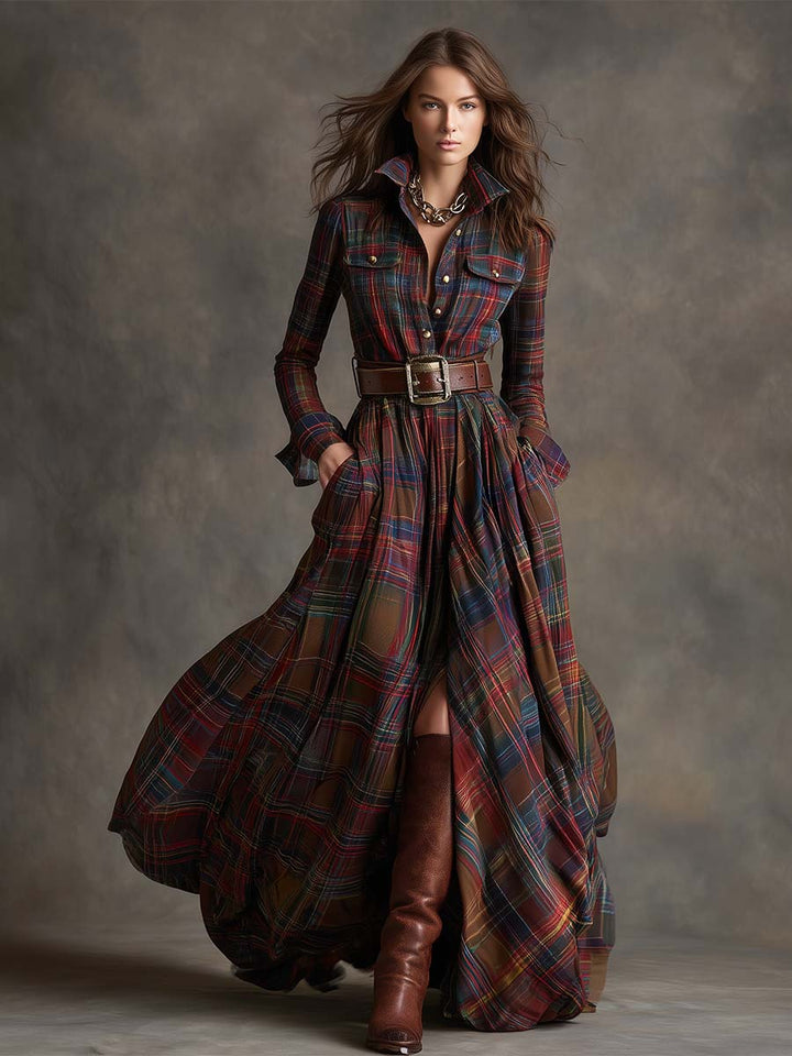 Scarlett | Vestido Camisero Largo a Cuadros con Mangas Largas y Cinturón