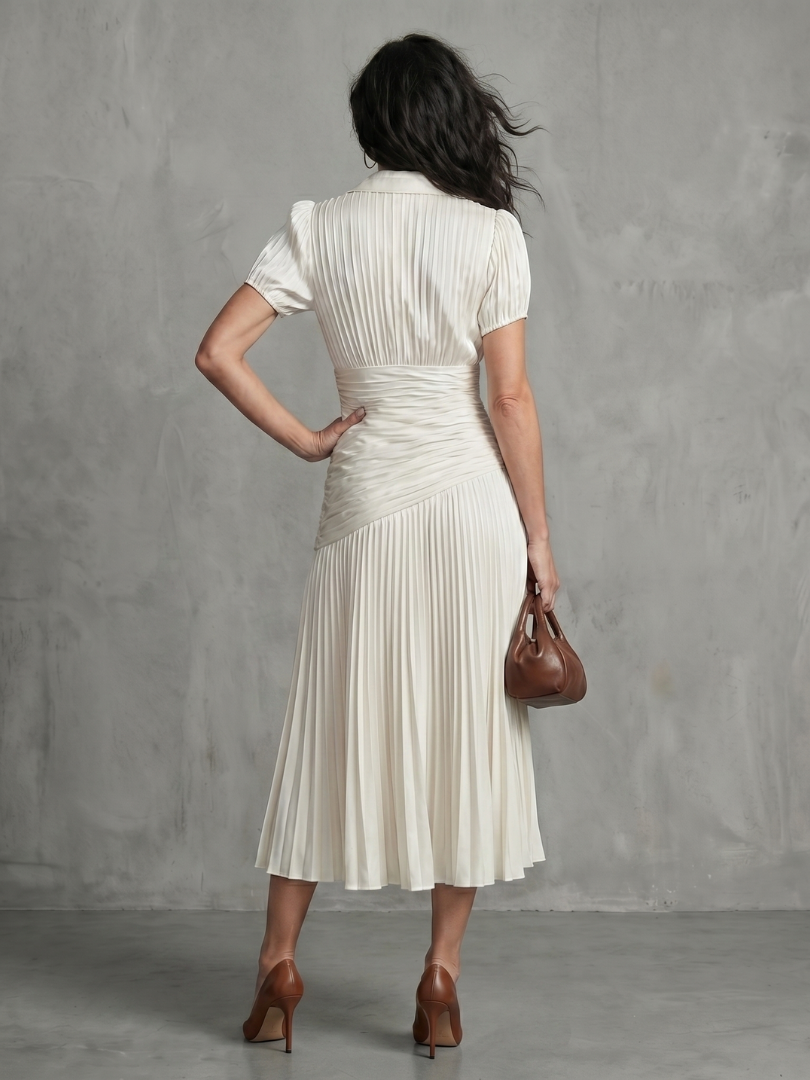 Theodora | Vestido Midi a Rayas con Cintura Plisada