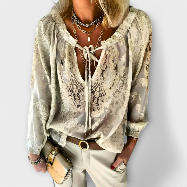 Celeste | Blusa de Encaje con Escote en V para Mujeres, Manga Larga, Top Bohemio