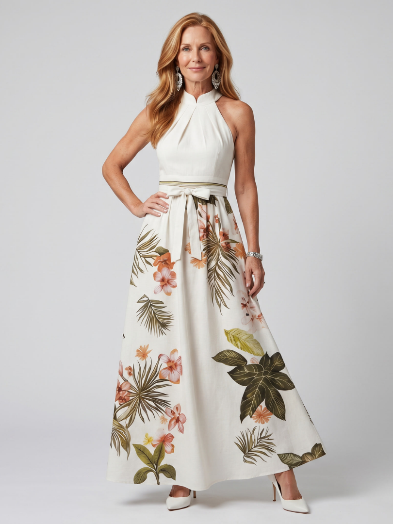 Meadow | Vestido Maxi de Panel Botánico con Cuello Halter Drapado