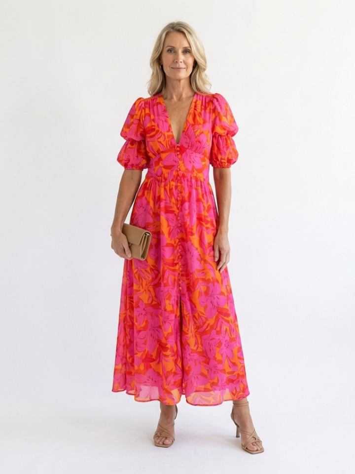 Ellis & Johnson™ | Vestido Midi de Manga Abullonada con Escote en V Floral