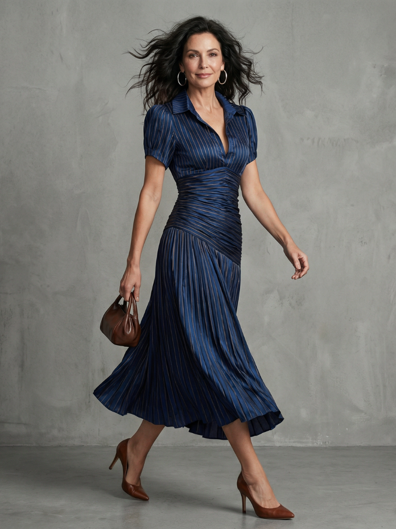 Theodora | Vestido midi a rayas con cintura fruncida