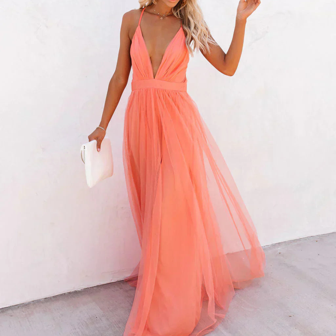 Marina | Vestido Largo Color Coral
