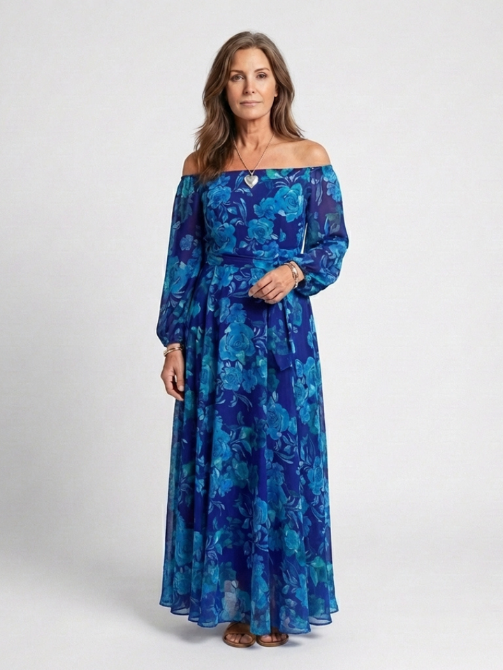 Ellis & Johnson™ | Vestido Maxi Floral con Hombros Al Descubierto