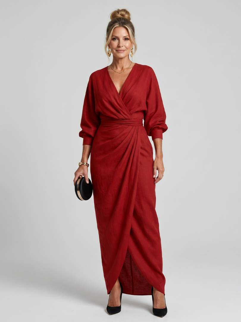 Fábula | Vestido Midi de Manga Larga con Cuerpo Envolvente