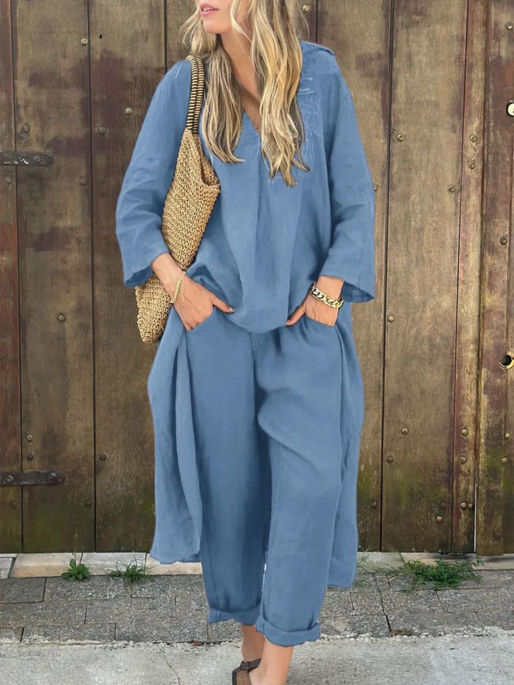 Conjunto de Top de Cuello en V Lila y Pantalones de Pierna Ancha