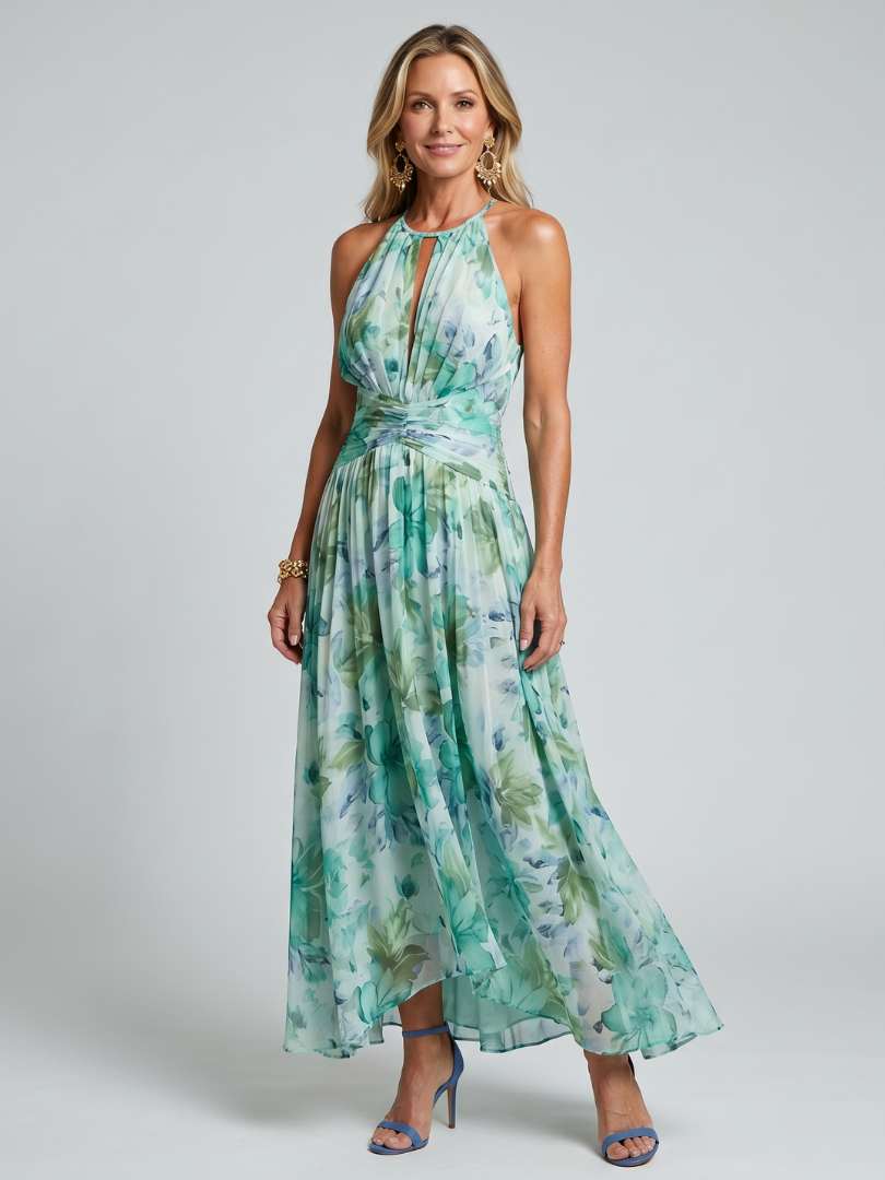 Portia | Vestido Midi Floral con Pliegues y Cuello Halter