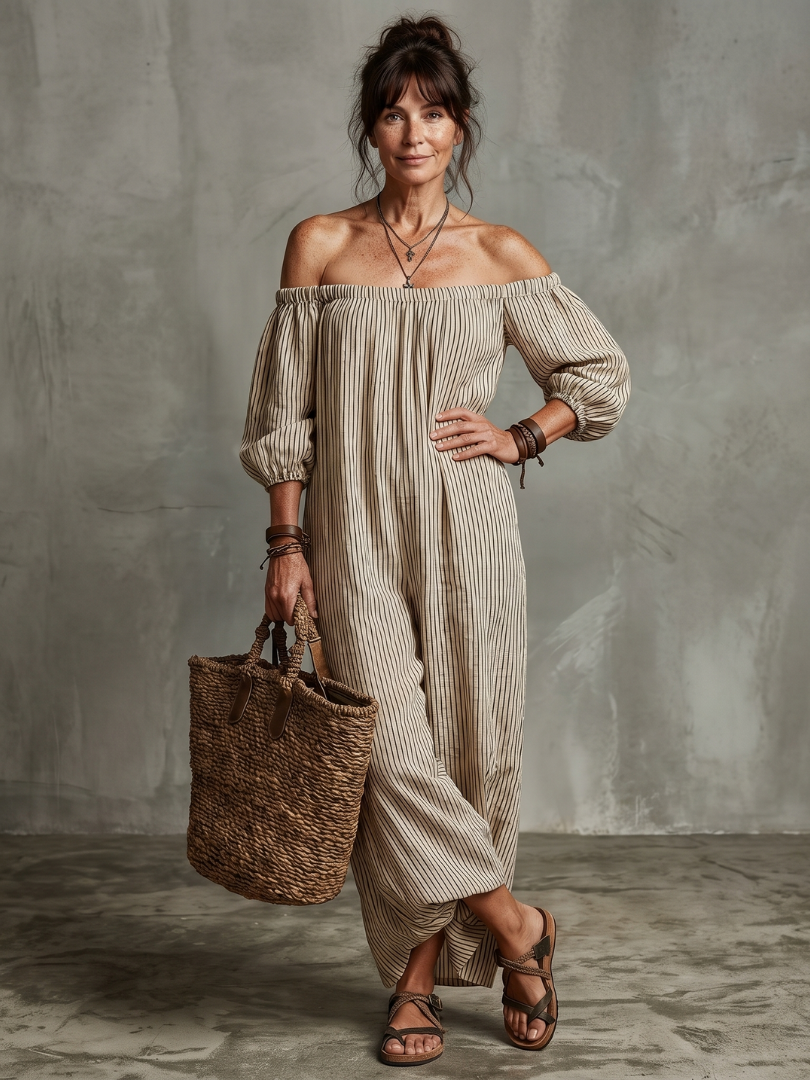 Eufemia | Vestido Maxi de Rayas con Hombros Descubiertos